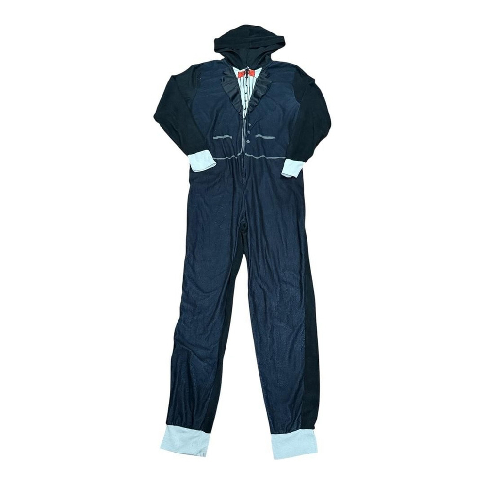 Mad Engine One-piece Pajamas Mens Medium Black Hooded Tuxedo Suit Print Costume